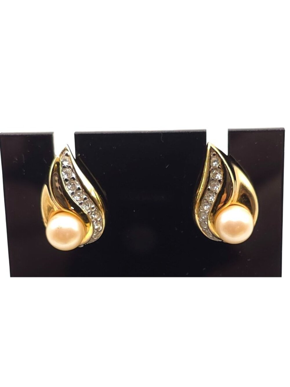 Monet Gold-Tone Earrings With Faux Pearl & Clear Gemstones